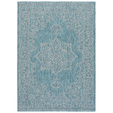 SAFAVIEH Courtyard Clodagh Medallion Indoor/Outdoor Area Rug, Aqua/Grey, 4' x 5'7"