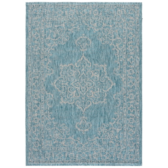 SAFAVIEH Courtyard Clodagh Medallion Indoor/Outdoor Area Rug, Aqua/Grey, 4' x 5'7"