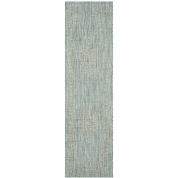 SAFAVIEH Courtyard Clodagh Medallion Indoor/Outdoor Runner Rug, Aqua/Grey, 2'3" x 12'