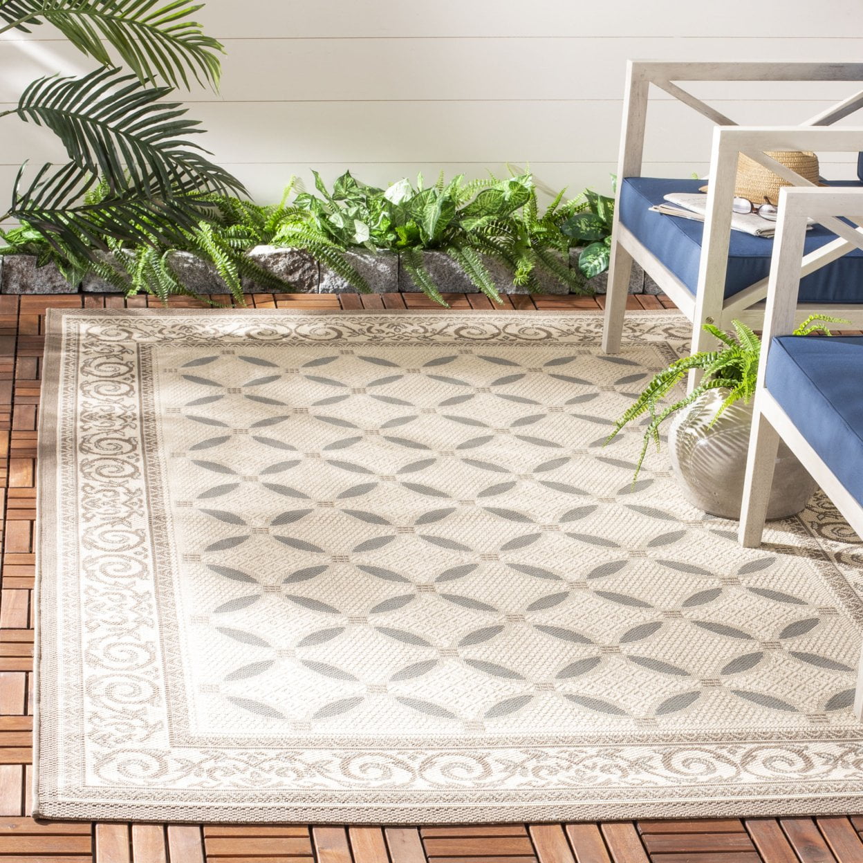 Beige and Dark Beige Synthetic Rectangular Area Rug with Baroque Print