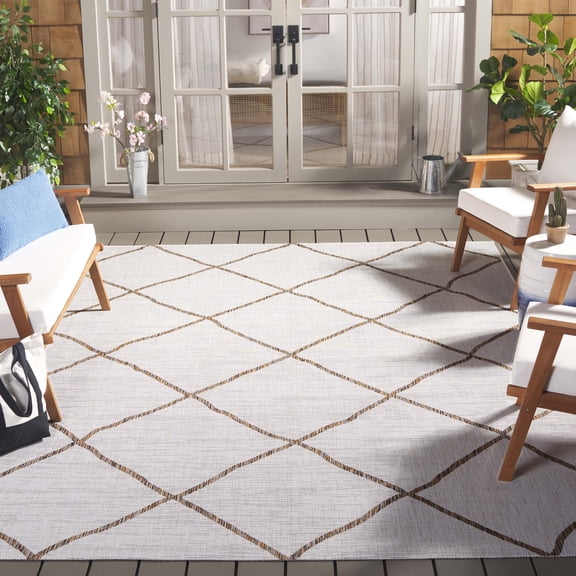 SAFAVIEH Courtyard Cohen Diamond Indoor/Outdoor Area Rug, Ivory/Brown, 9' x 12'