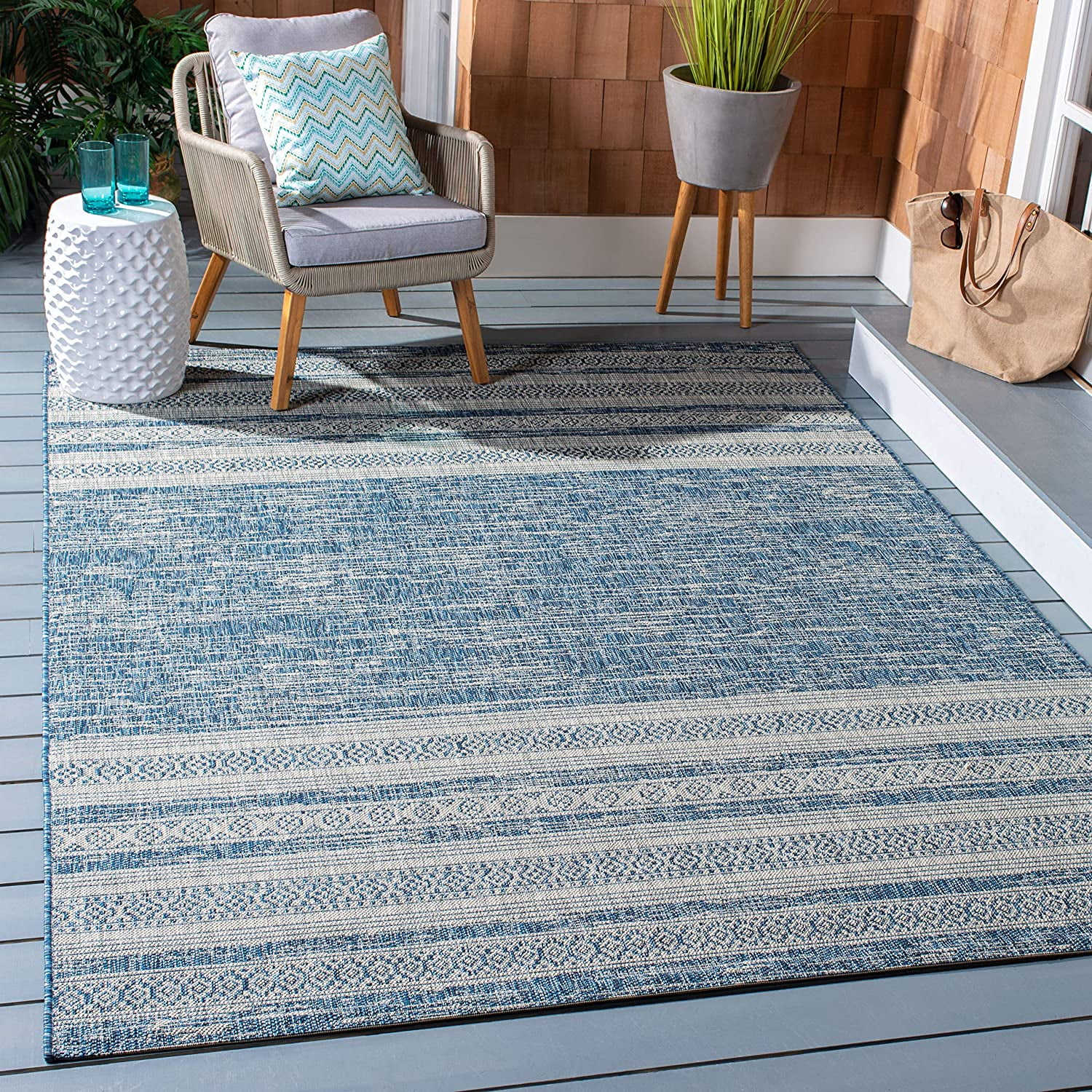 Navy and Gray Rectangular Synthetic Indoor/Outdoor Rug