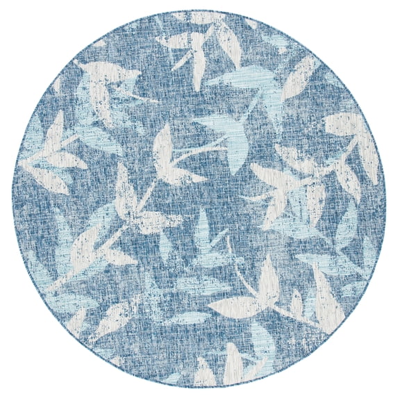 SAFAVIEH Courtyard Colton Botanical Indoor/Outdoor Area Rug, Navy/Blue, 6'7" x 6'7" Round