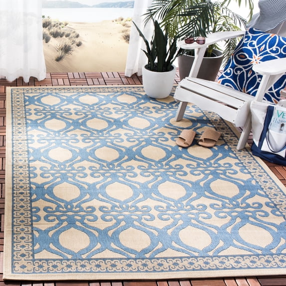 SAFAVIEH Courtyard Colton Geometric Indoor/Outdoor Area Rug, Natural/Blue, 5'3" x 7'7"