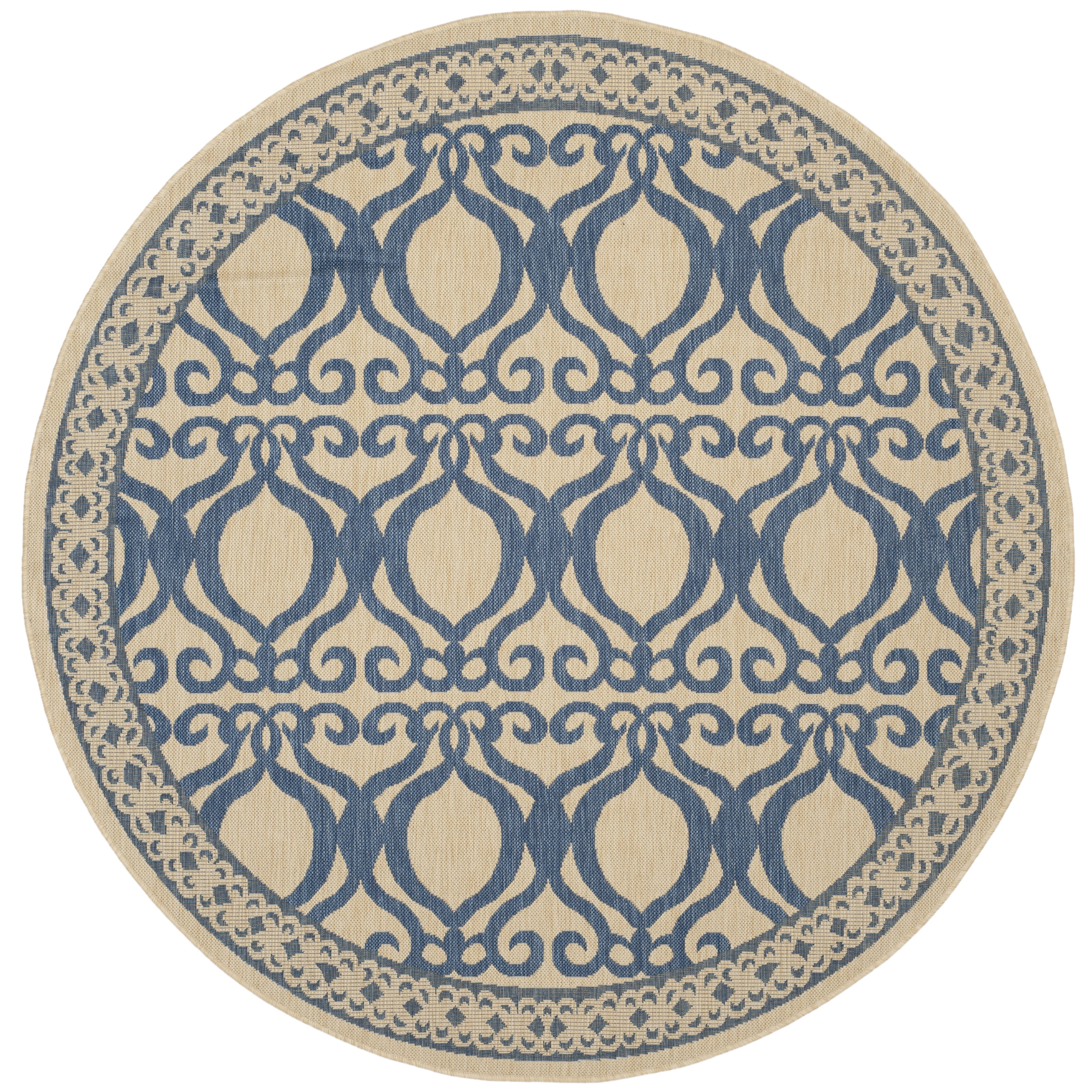 SAFAVIEH Courtyard Colton Geometric Indoor/Outdoor Area Rug, Natural/Blue, 6'7" x 6'7" Round