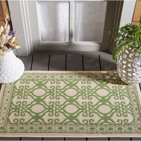 SAFAVIEH Courtyard Colton Geometric Indoor/Outdoor Area Rug, Natural/Olive, 2' x 3'7"