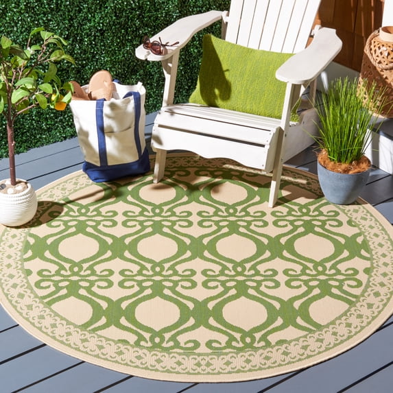 SAFAVIEH Courtyard Colton Geometric Indoor/Outdoor Area Rug, Natural/Olive, 5'3" x 5'3" Round