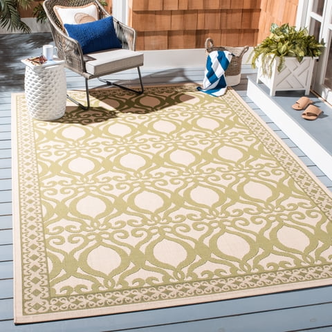 SAFAVIEH Courtyard Colton Geometric Indoor/Outdoor Area Rug, Natural/Olive, 5'3" x 7'7"
