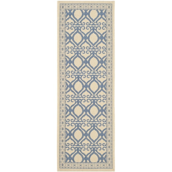 SAFAVIEH Courtyard Colton Geometric Indoor/Outdoor Runner Rug, Natural/Blue, 2'3" x 6'7"