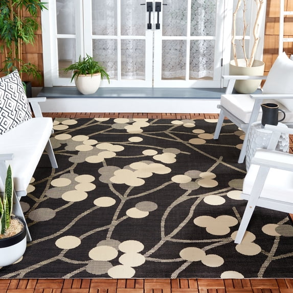 SAFAVIEH Courtyard Connie Floral Indoor/Outdoor Area Rug, Black Natural/Brown, 4' x 5'7"