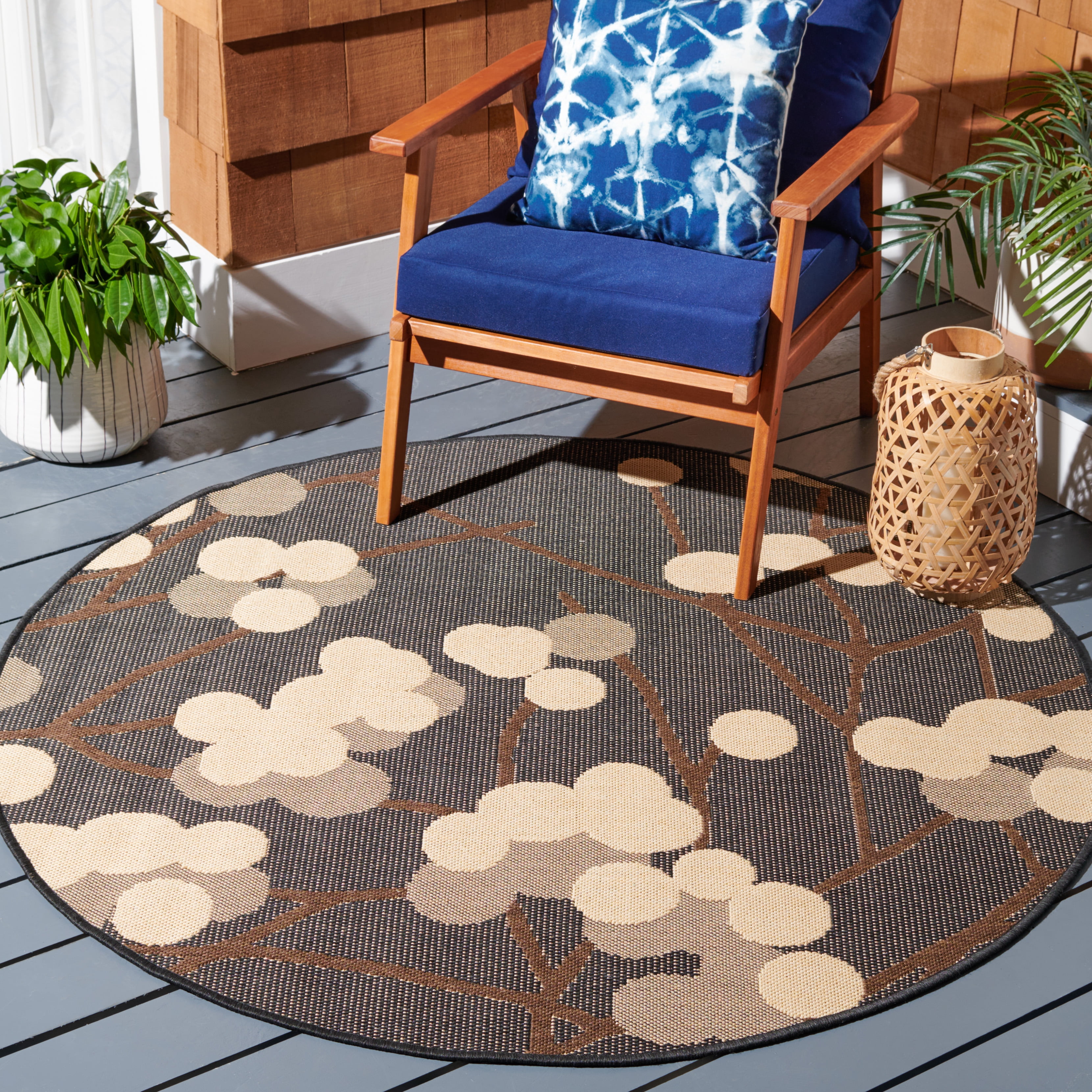SAFAVIEH Courtyard Connie Floral Indoor/Outdoor Area Rug, Black Natural/Brown, 6'7" x 6'7" Round