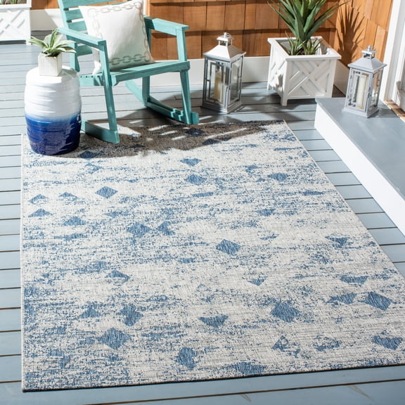 SAFAVIEH Courtyard Constance Abstract Indoor/Outdoor Area Rug, Grey/Navy, 5'5" x 7'7"