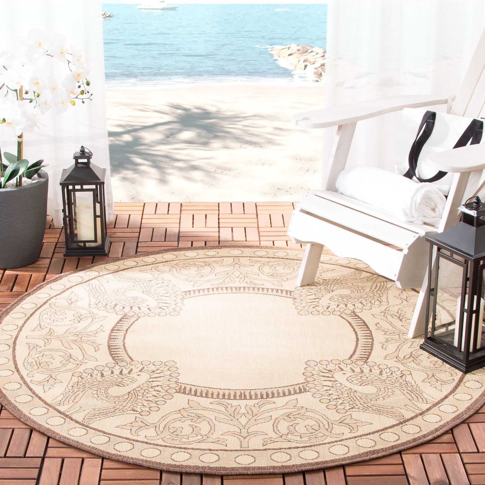 Safavieh Courtyard Cooper Botanical Indoor/Outdoor Area Rug, Natural/Chocolate, 6'7" x 6'7" Round