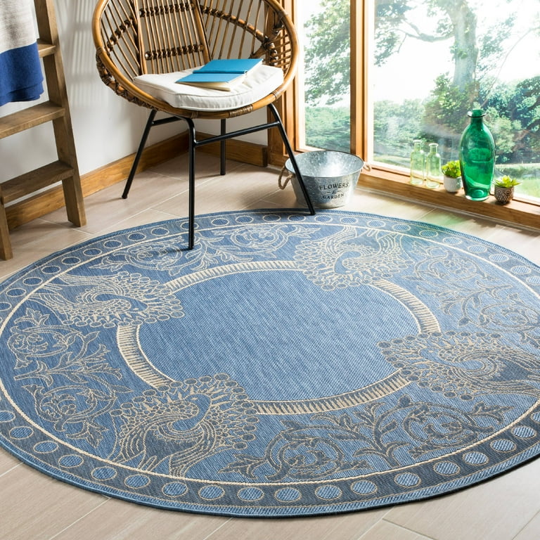 5' X 5' Navy Round Floral Indoor Outdoor Area Rug 5' X 5' Navy Round Floral Indoor Outdoor Area Rug