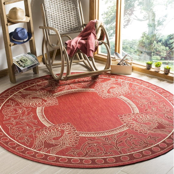 Safavieh Courtyard Cooper Botanical Indoor/Outdoor Area Rug, Red/Natural, 6'7" x 6'7" Round