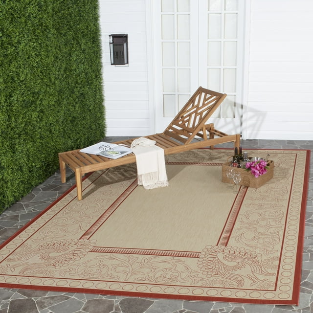 SAFAVIEH Courtyard Cooper Floral Indoor/Outdoor Area Rug, 6'7" x 6'7" Square, Natural/Red