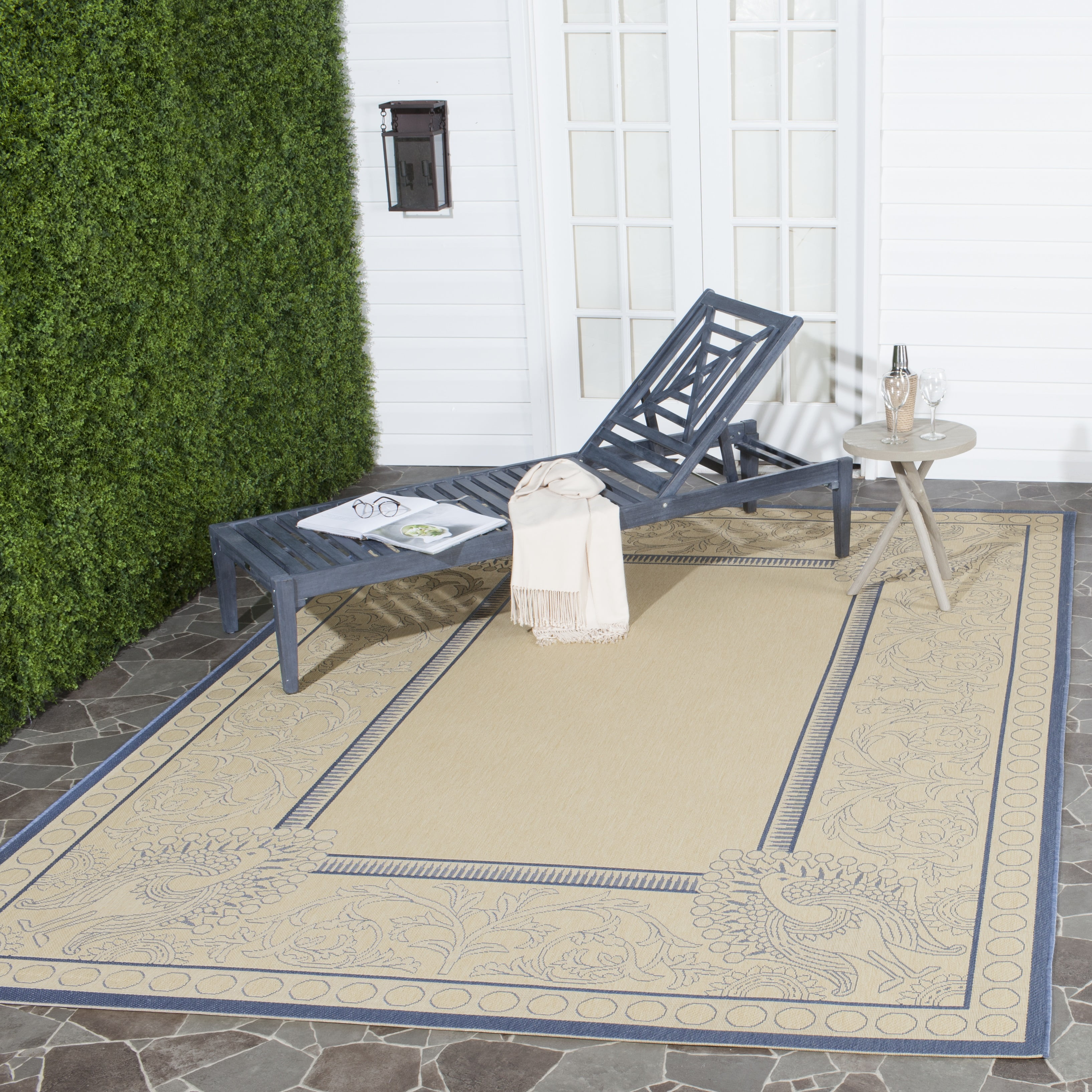 Natural and Blue Synthetic Rectangular Outdoor Rug