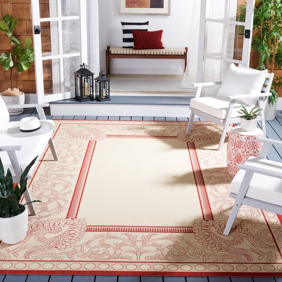 Safavieh Courtyard Cooper Botanical Indoor/Outdoor Area Rug, Natural/Red, 7'10" x 7'10" Square