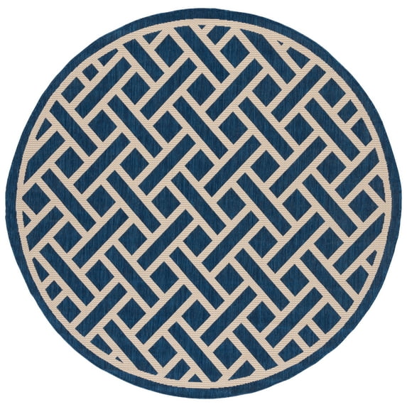 SAFAVIEH Courtyard Cori Bordered Indoor/Outdoor Area Rug, Navy/Light Beige, 6'7" x 6'7" Round