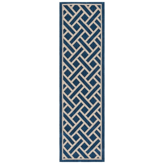 SAFAVIEH Courtyard Cori Bordered Indoor/Outdoor Runner Rug, Navy/Light Beige, 2'3" x 10'