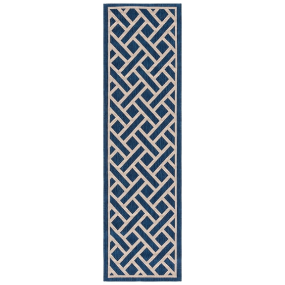 SAFAVIEH Courtyard Cori Bordered Indoor/Outdoor Runner Rug, Navy/Light Beige, 2'3" x 8'