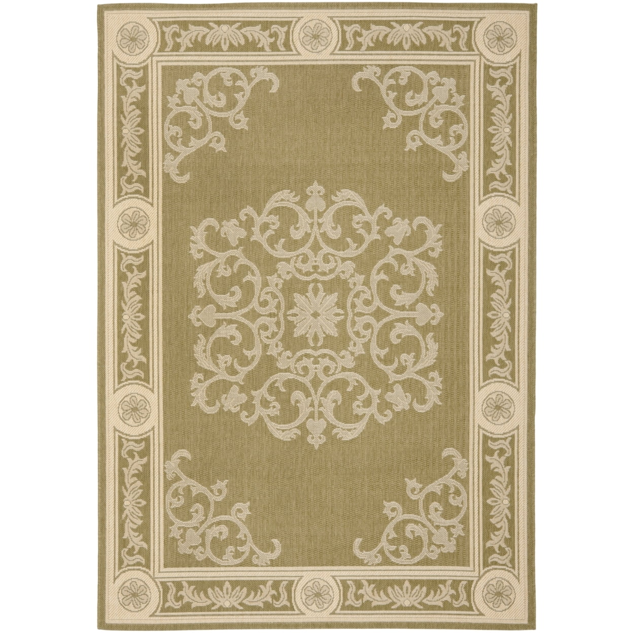 Olive and Natural Baroque Print Indoor/Outdoor Area Rug