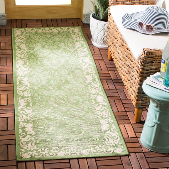 Safavieh Courtyard Dani Bordered Indoor/Outdoor Runner Rug, Olive/Natural, 2'3" x 10'