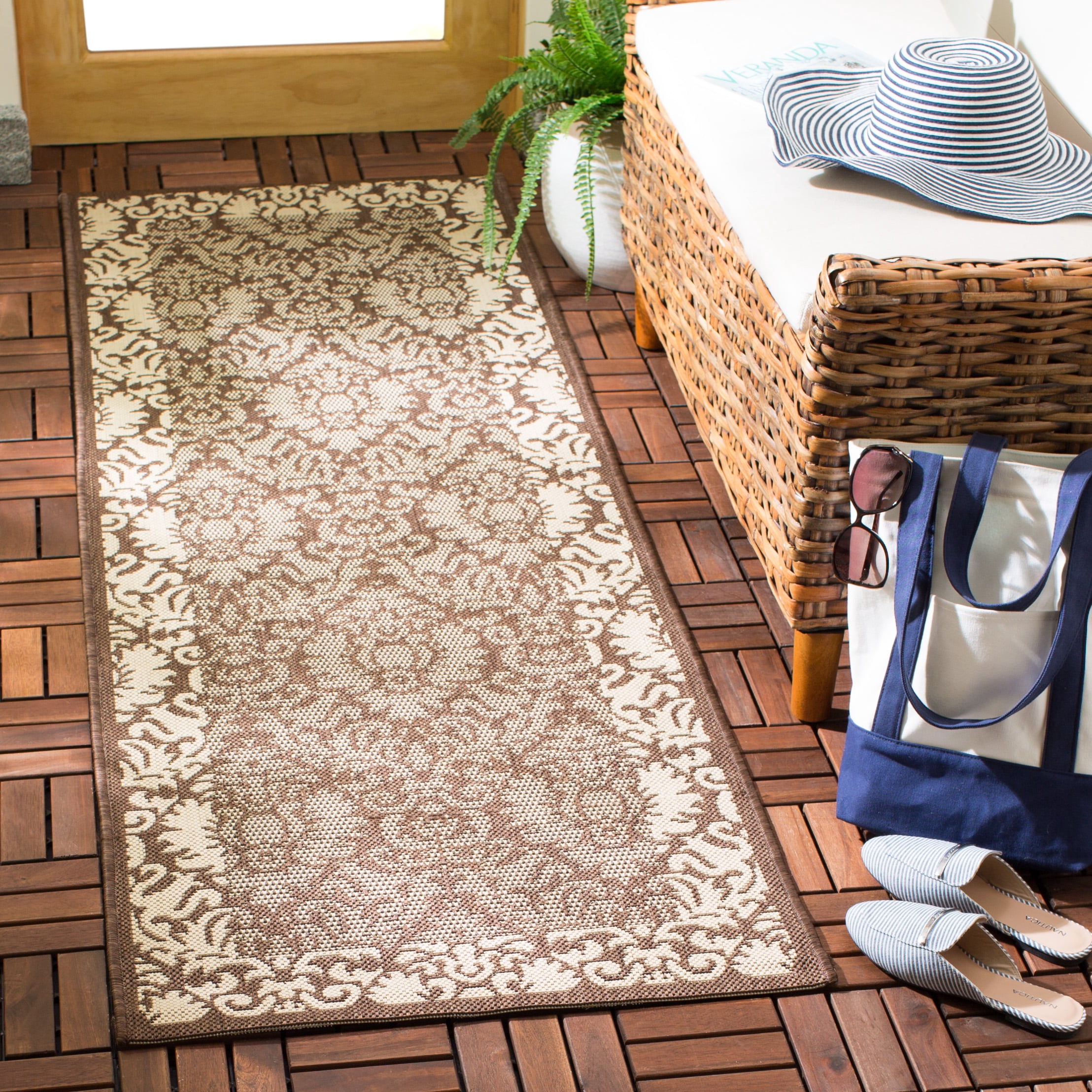 Safavieh Courtyard Dani Bordered Indoor/Outdoor Runner Rug, Chocolate/Natural, 2'3" x 12'