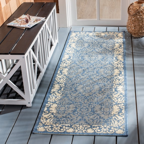 Safavieh Courtyard Dani Bordered Indoor/Outdoor Runner Rug, Blue/Natural, 2'3" x 14'