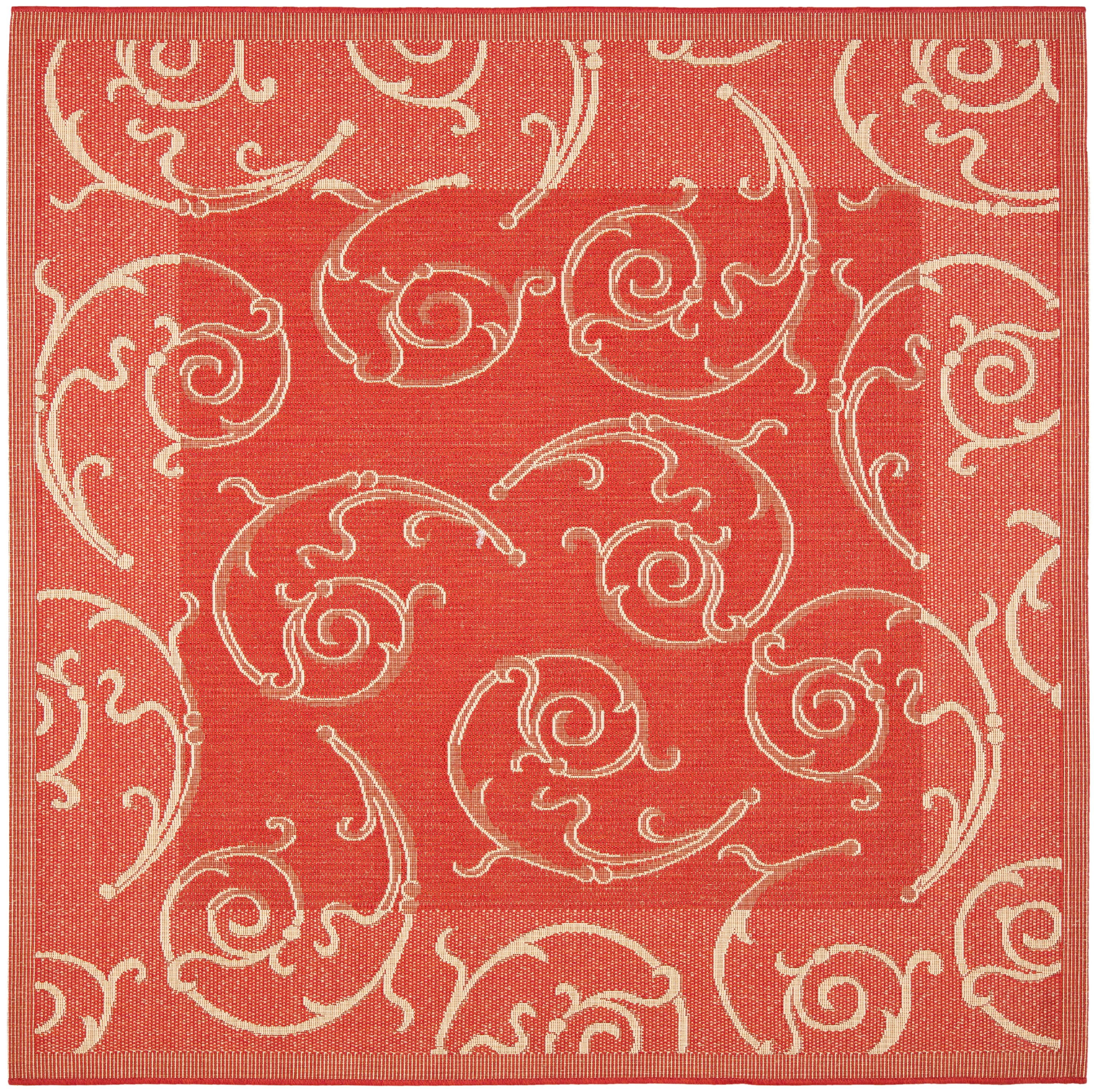 Red and Natural Square Indoor/Outdoor Polypropylene Rug
