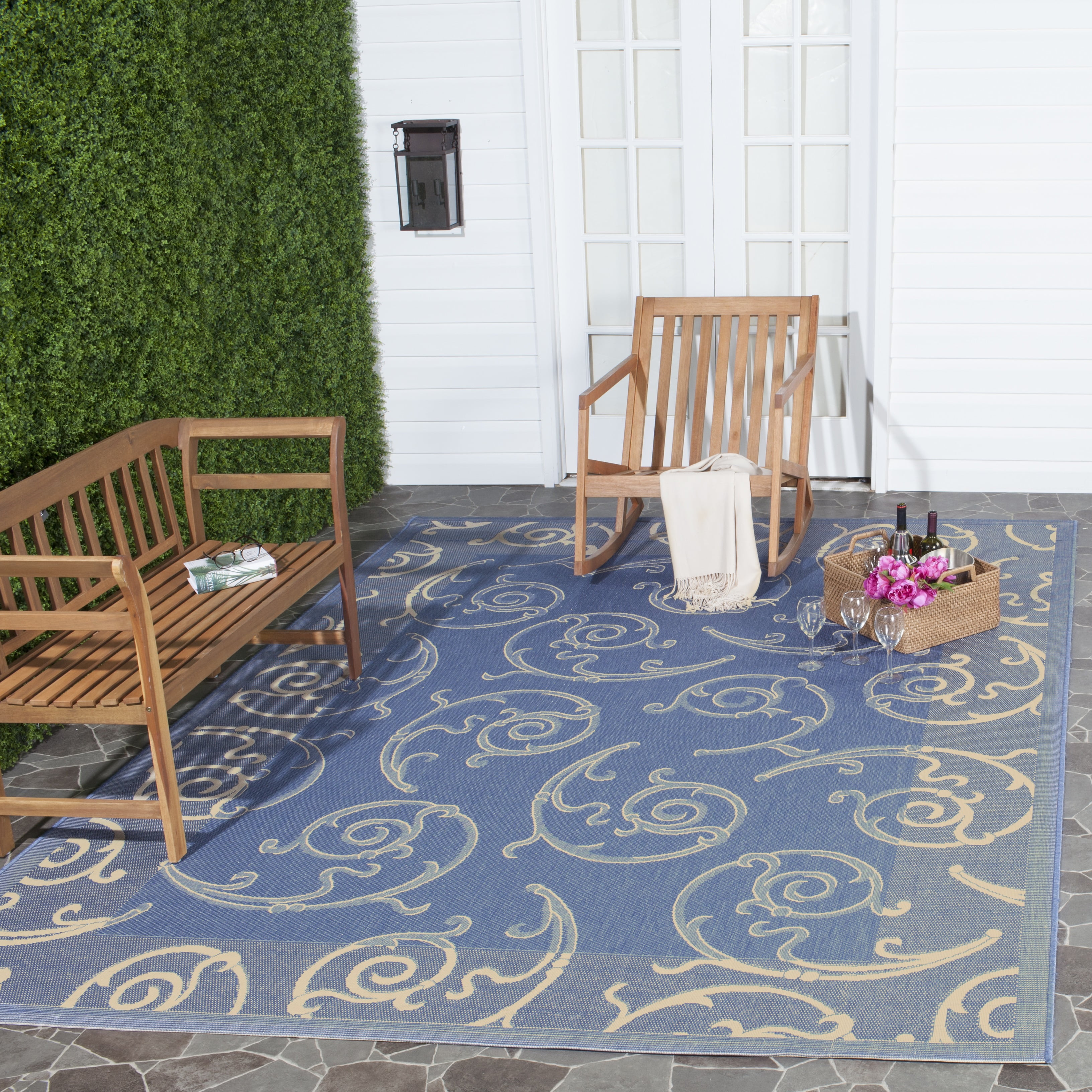 Reversible Blue/Natural Synthetic 95" Square Area Rug
