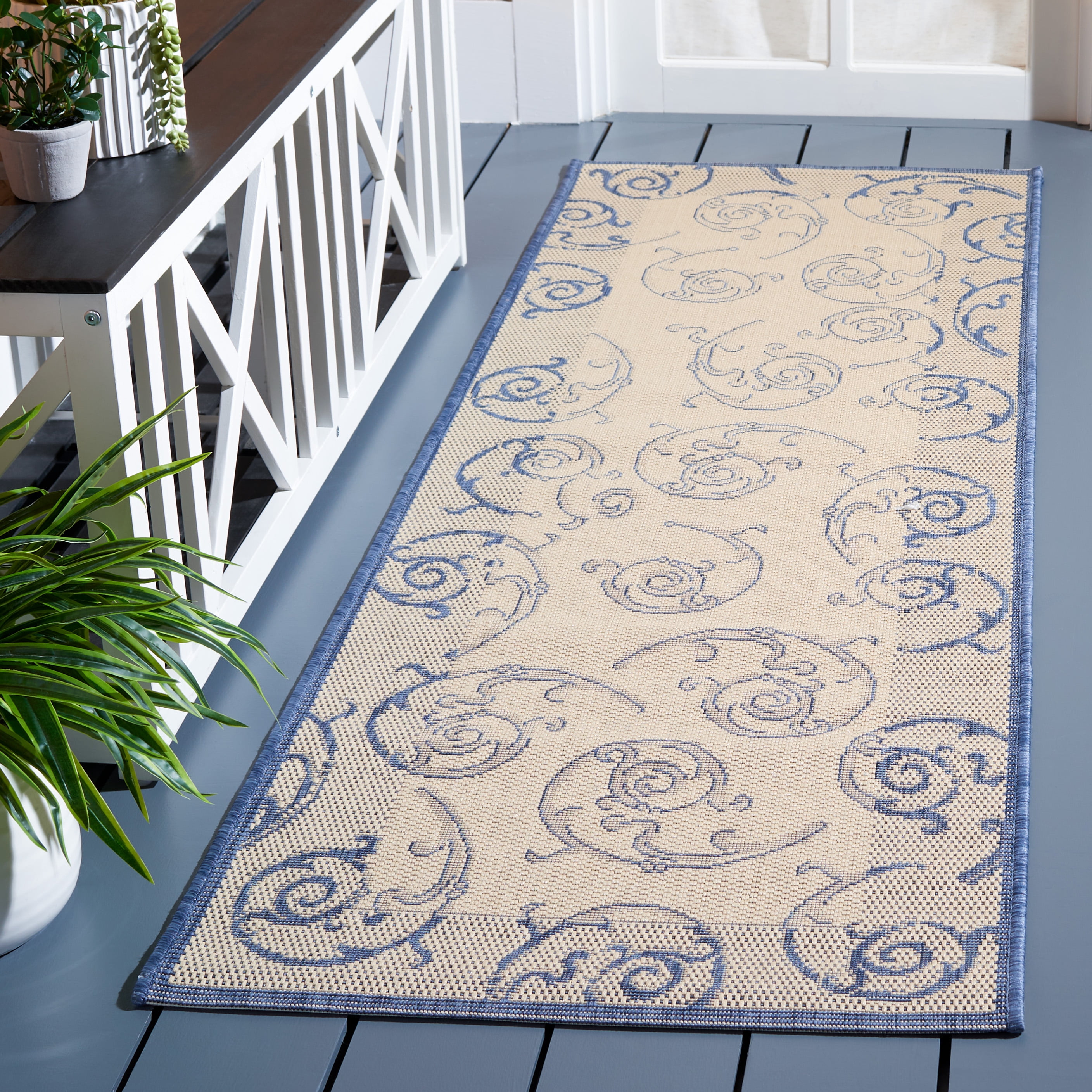 Safavieh Courtyard Daniel Oriental Indoor/Outdoor Runner Rug, Natural/Blue, 2'3" x 14'