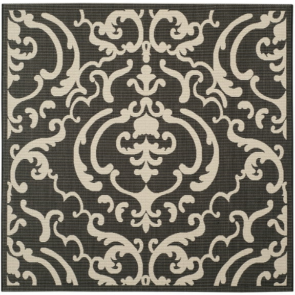 SAFAVIEH Courtyard Dara Damask Indoor/Outdoor Area Rug, Black/Sand, 6'7" x 6'7" Square