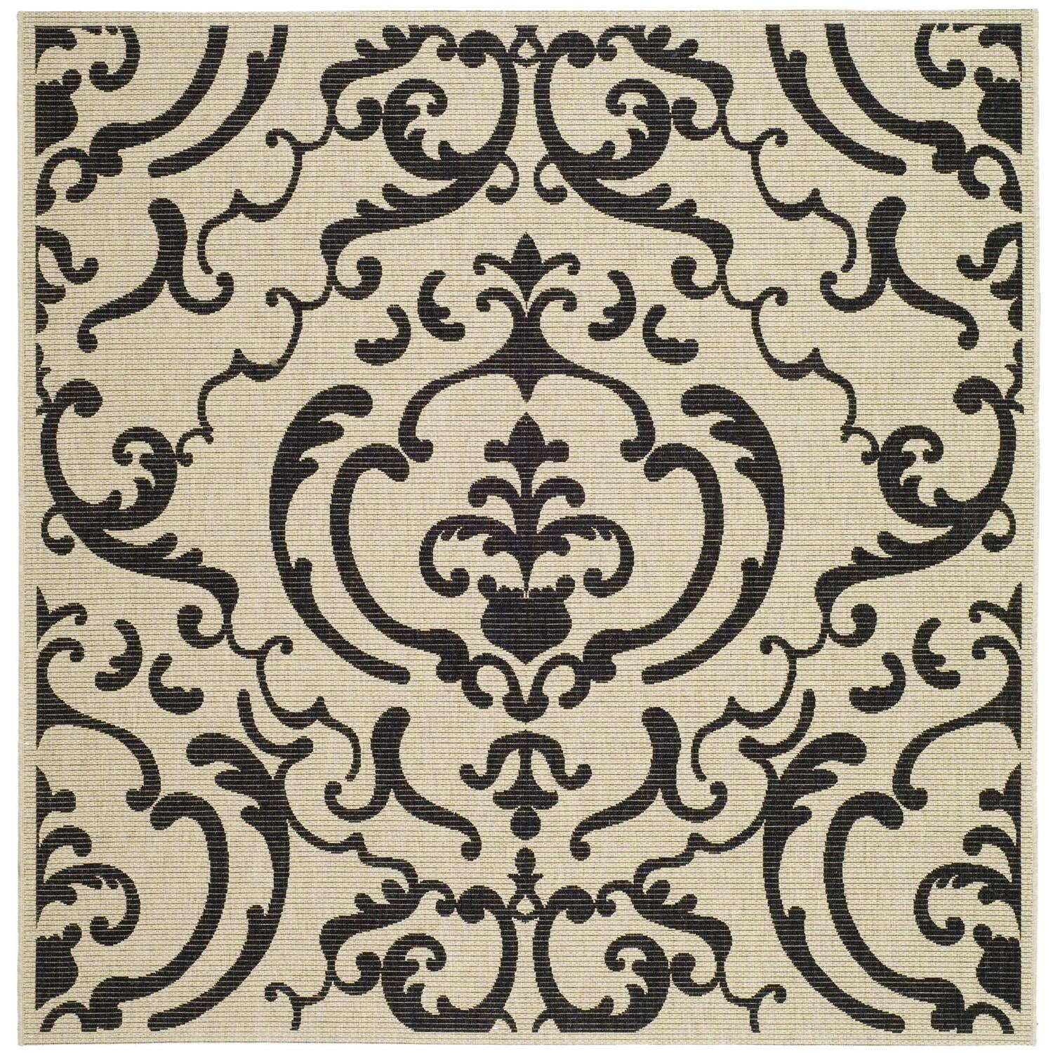Sand and Black Floral Motif Square Indoor/Outdoor Rug