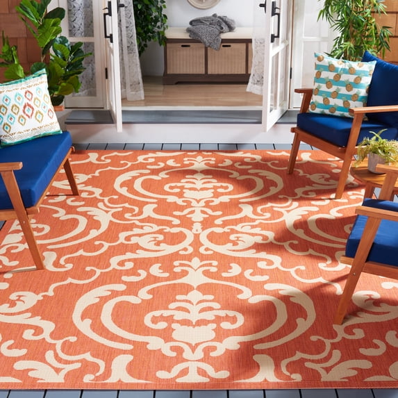 Safavieh Courtyard Dara Damask Indoor/Outdoor Area Rug, Terracotta/Natural, 6'7" x 6'7" Square
