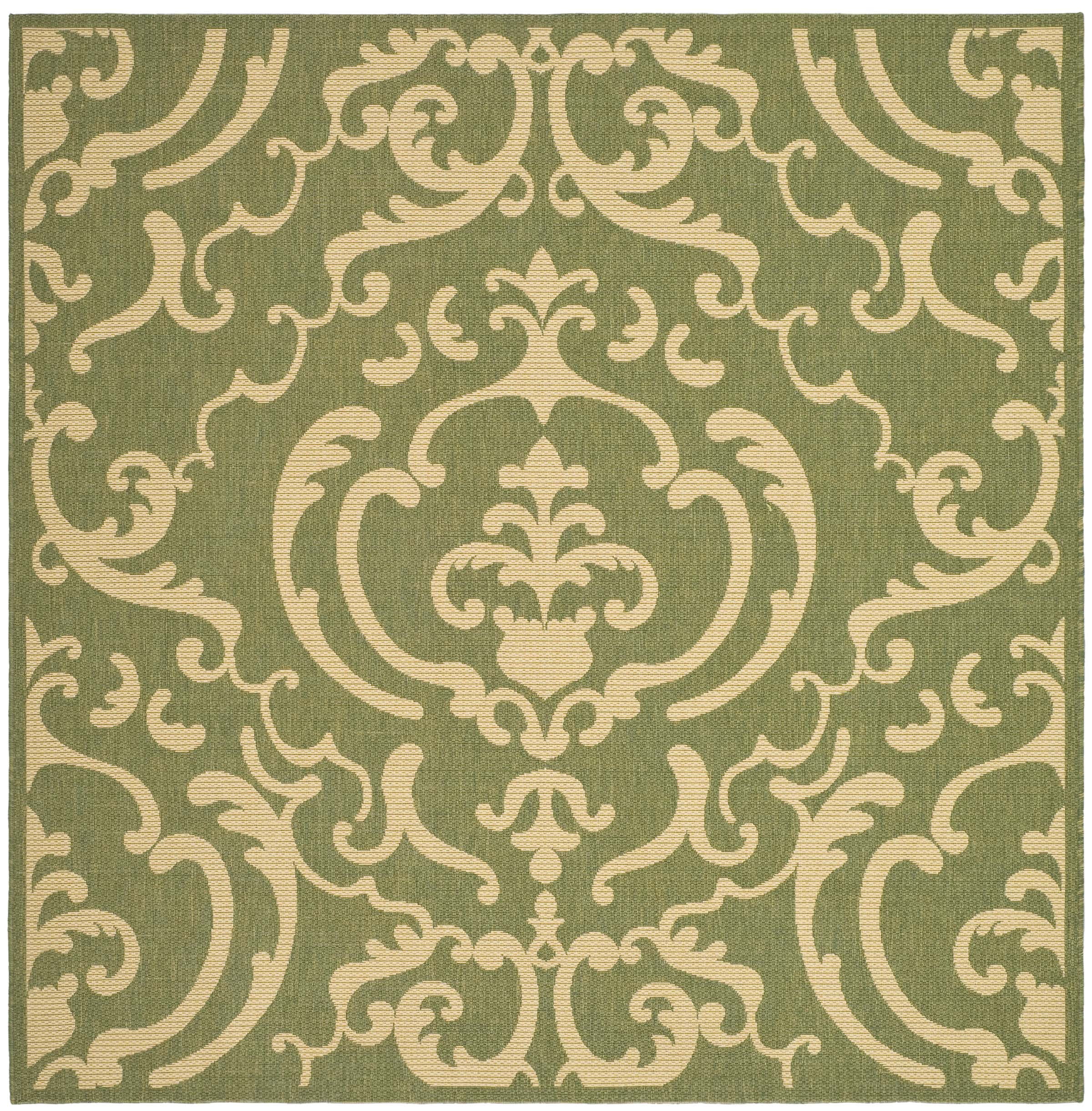Olive and Natural Floral Motif Square Indoor/Outdoor Rug