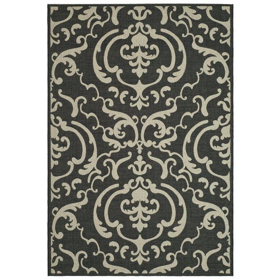 SAFAVIEH Courtyard Dara Damask Indoor/Outdoor Area Rug, Black/Sand, 5'3" x 7'7"