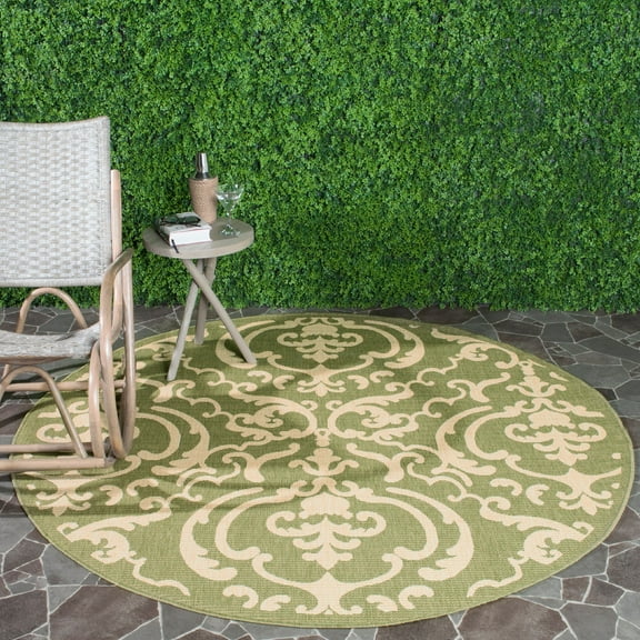 SAFAVIEH Courtyard Dara Damask Indoor/Outdoor Area Rug, Olive/Natural, 6'7" x 6'7" Round