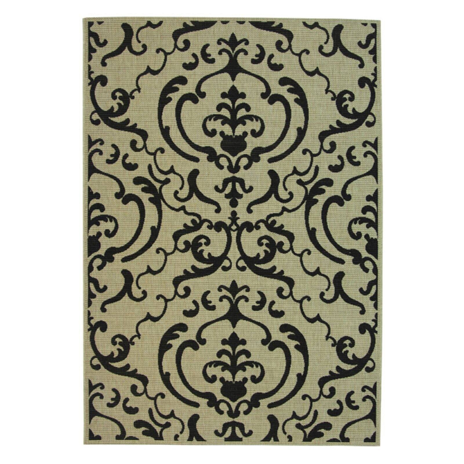 Sand and Black Damask Indoor/Outdoor Runner Rug