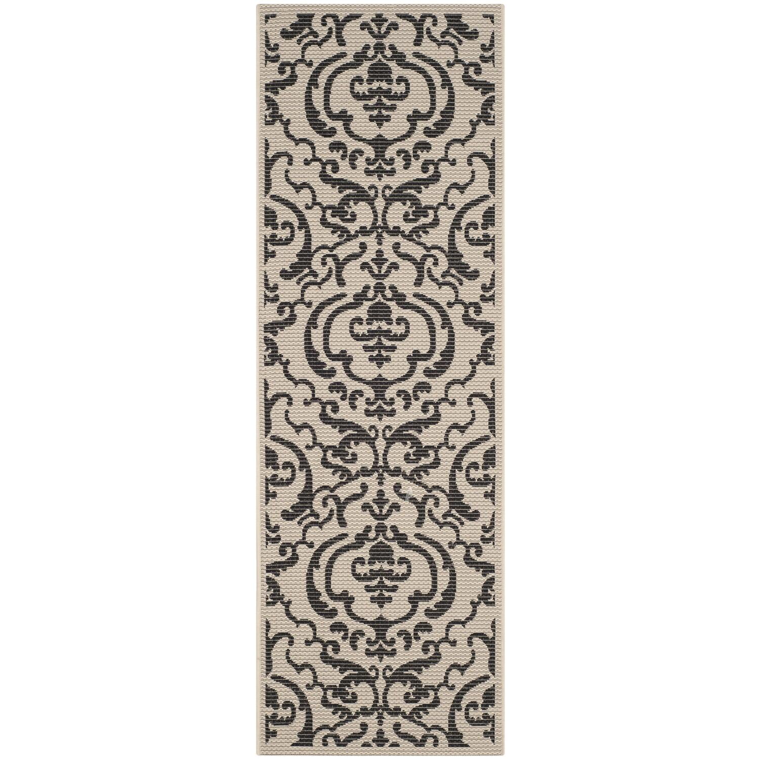 Sand and Black Damask Indoor/Outdoor Runner Rug
