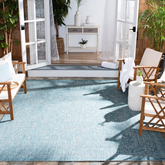 SAFAVIEH Courtyard Darin Botanical Indoor/Outdoor Area Rug, Aqua/Grey, 7'10" x 7'10" Square