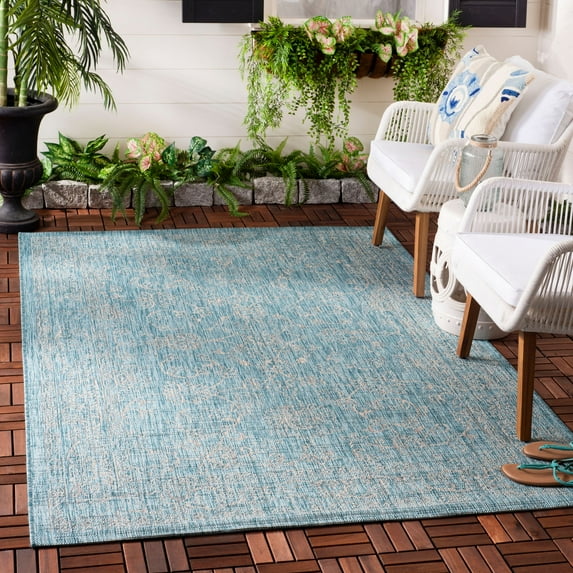 SAFAVIEH Courtyard Darin Botanical Indoor/Outdoor Area Rug, Aqua/Grey, 8' x 10'