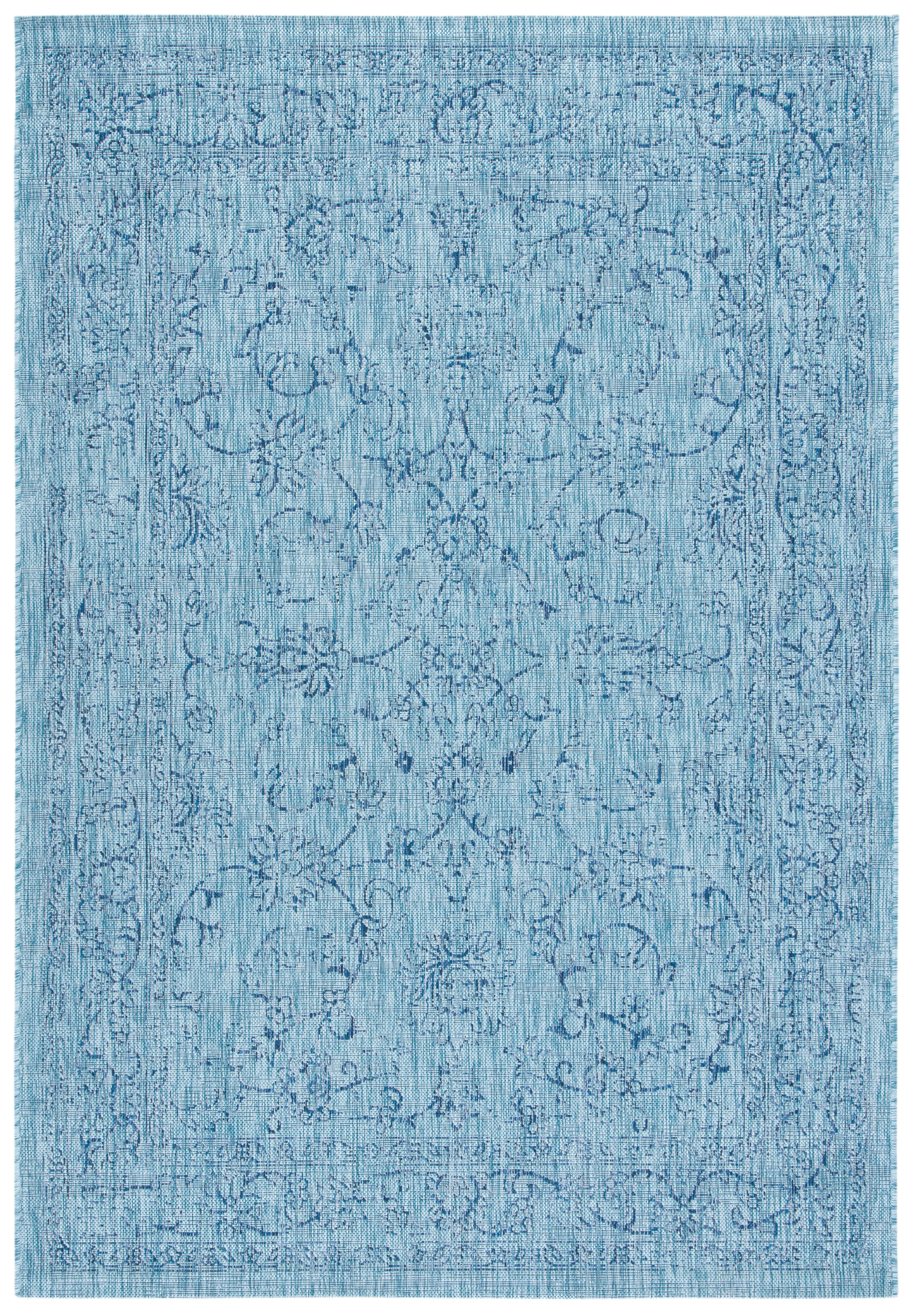 Aqua and Navy Botanical Non-slip Indoor/Outdoor Area Rug