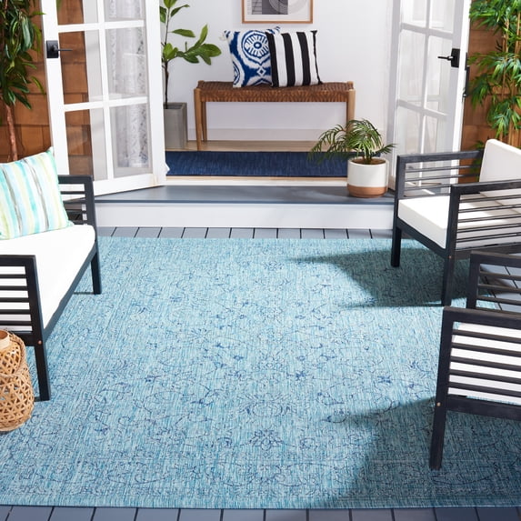 SAFAVIEH Courtyard Darin Botanical Indoor/Outdoor Area Rug, Aqua/Navy, 8' x 10'