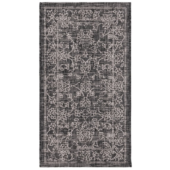 SAFAVIEH Courtyard Darin Botanical Indoor/Outdoor Area Rug, Black/Ivory, 2' x 3'7"