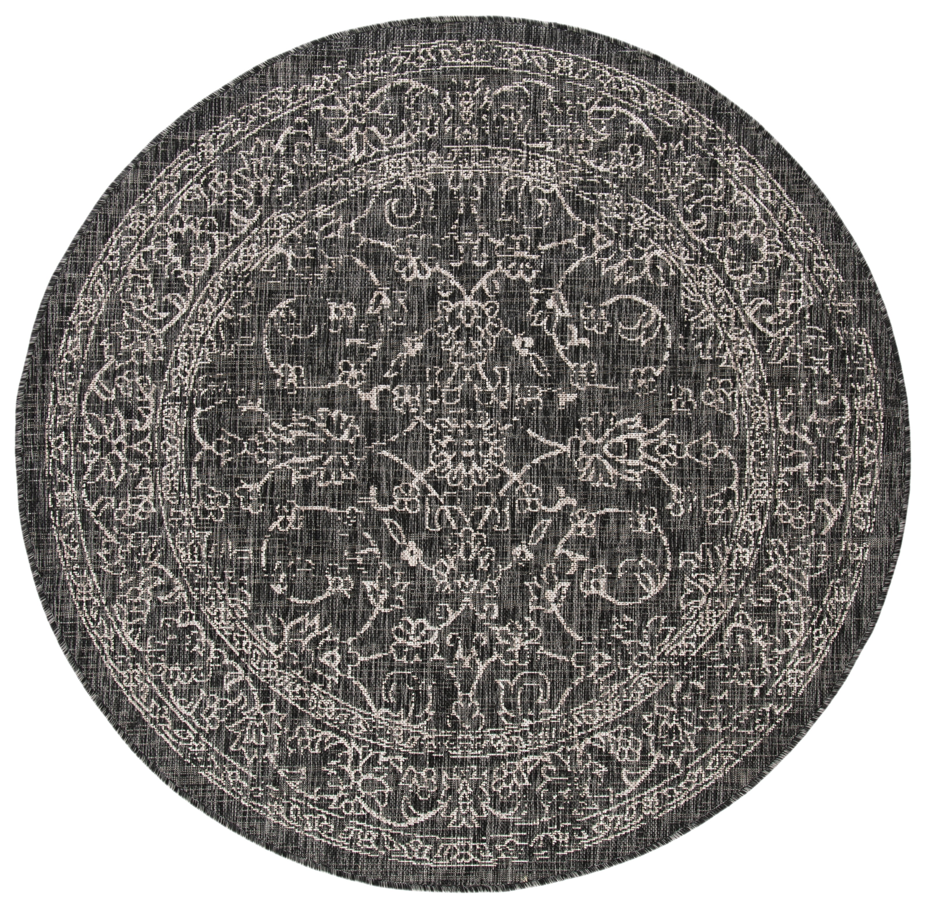 SAFAVIEH Courtyard Darin Botanical Indoor/Outdoor Area Rug, Black/Ivory, 4' x 4' Round