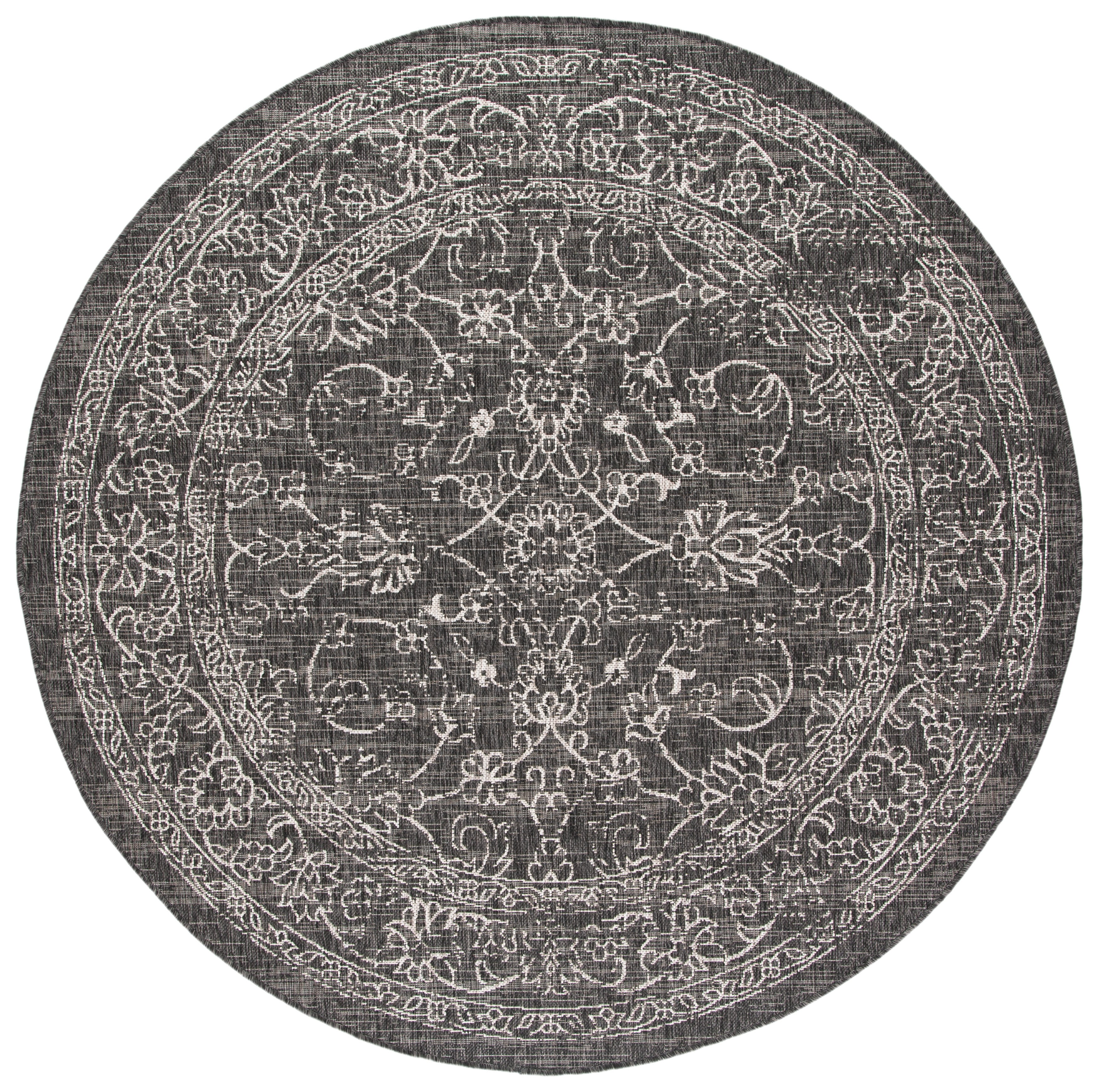 SAFAVIEH Courtyard Darin Botanical Indoor/Outdoor Area Rug, Black/Ivory, 6'7" x 6'7" Round