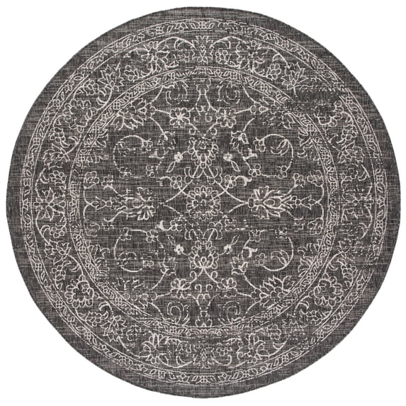 SAFAVIEH Courtyard Darin Botanical Indoor/Outdoor Area Rug, Black/Ivory, 6'7" x 6'7" Round