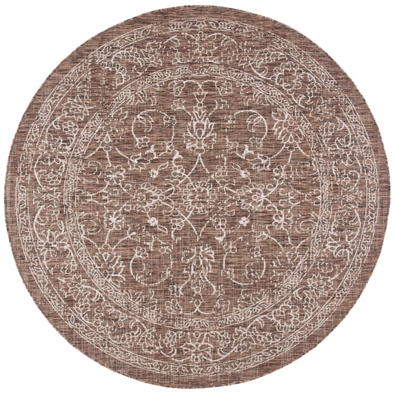 SAFAVIEH Courtyard Darin Botanical Indoor/Outdoor Area Rug, Brown/Ivory, 4' x 4' Round