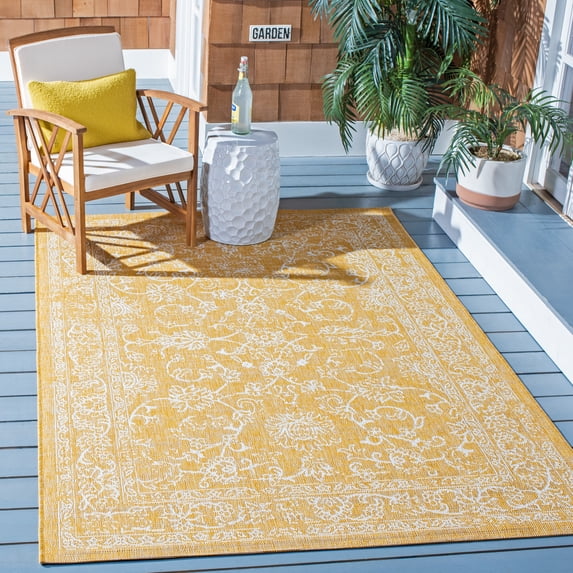 SAFAVIEH Courtyard Darin Botanical Indoor/Outdoor Area Rug, Gold/Ivory, 4' x 5'7"